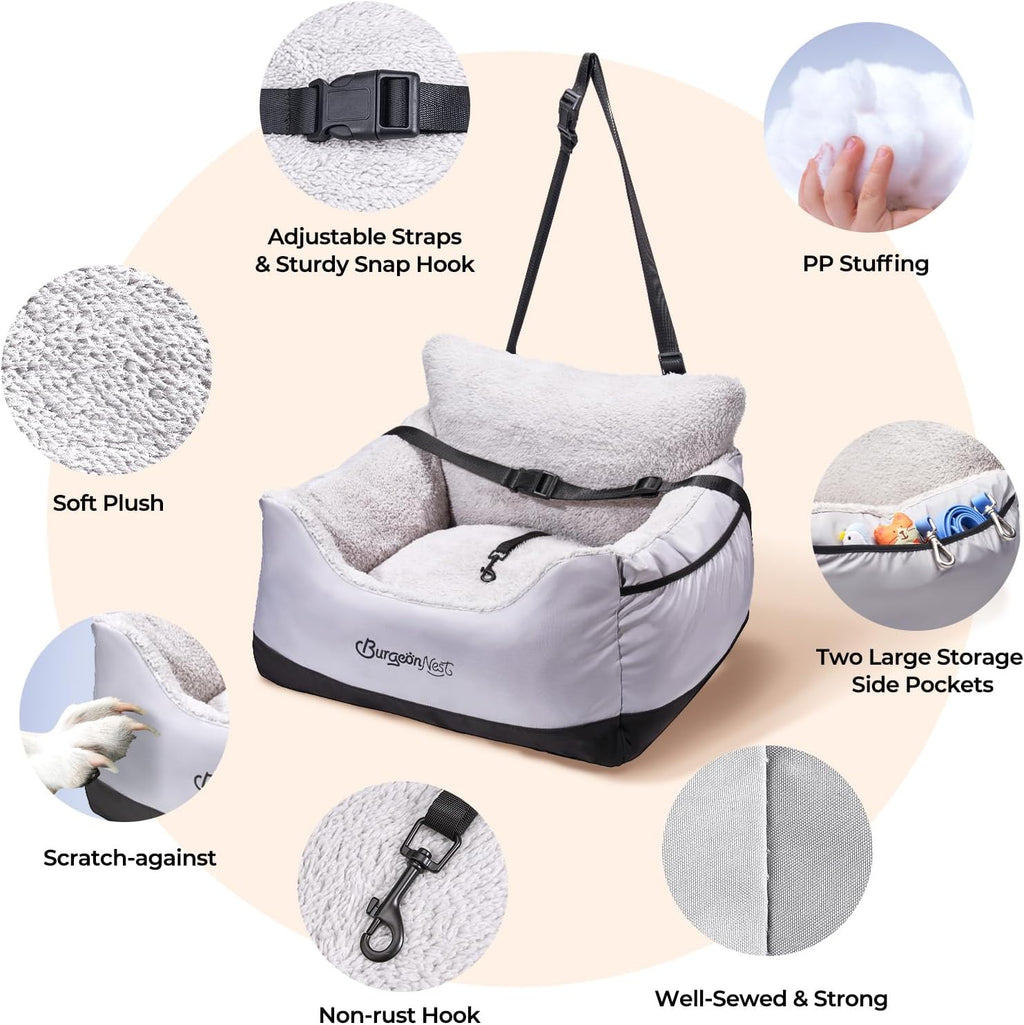 BurgeonNest Dog Car Seat for Small Dogs & Cats Under 25 lbs, Black Grey