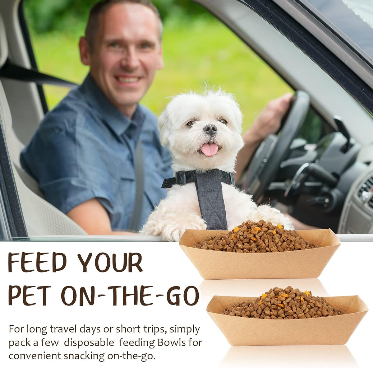 50 Pack Disposable Paper Dog Bowls, 16 oz for Dogs and Cats | Low-sided 16 oz Kraft Paper Trays for Wet or Dry Food, Suitable for Small Dogs, Puppies and Cats at Home, Travel or Camping