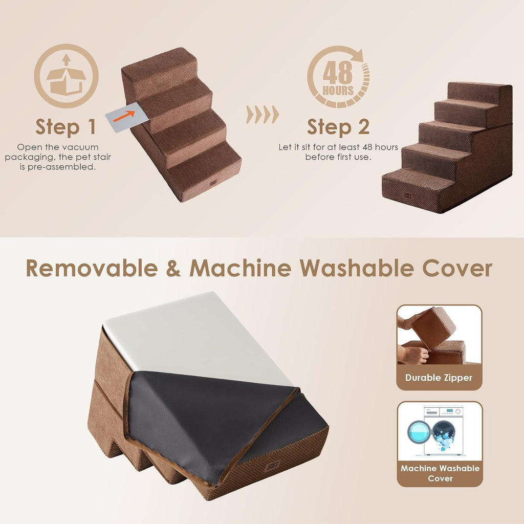 EHEYCIGA Dog Stairs for High Bed 22.5" H, 5-Step Dog Steps, Brown