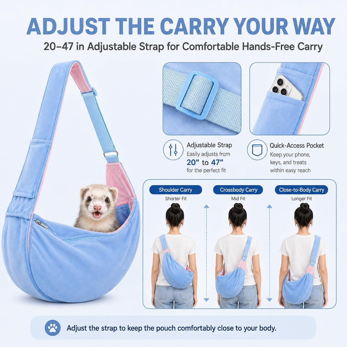 Ferret Sling Carrier, Soft Fleece Small Pet Carrier Bag with Adjustable Shoulder Strap, Hands-Free Bonding Travel Pouch for Guinea Pigs, Kittens, Puppies & Small Rabbits Under 10 lbs, Blue