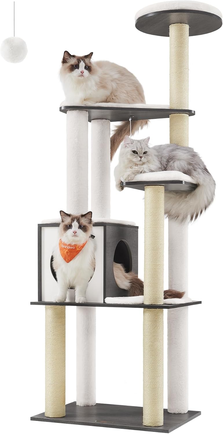 Feandrea Cat Tree, 65-Inch Multi-Level Tower with 5 Scratching Posts