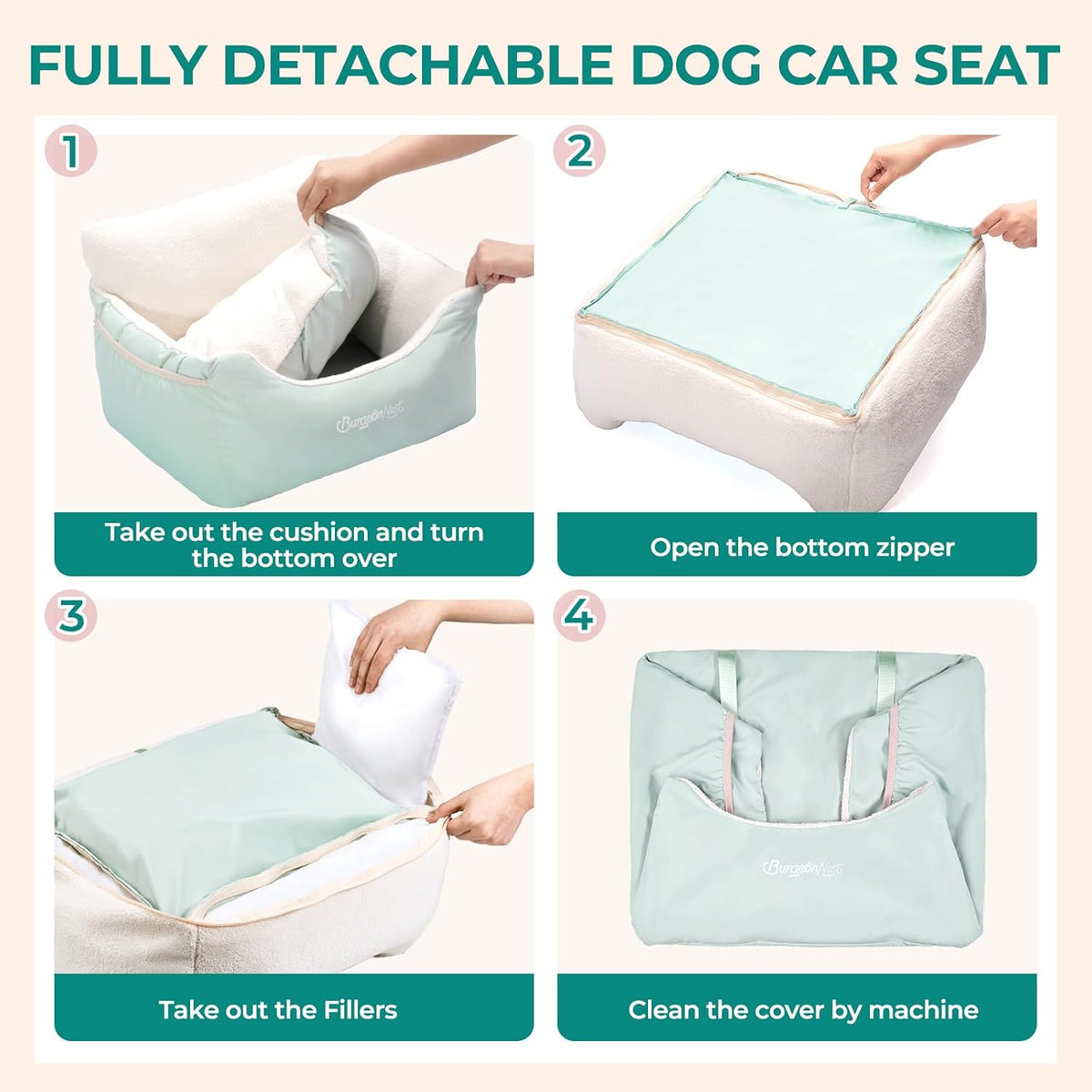 BurgeonNest Dog Car Seat for Small Dogs & Cats Under 25 lbs, Beige Green