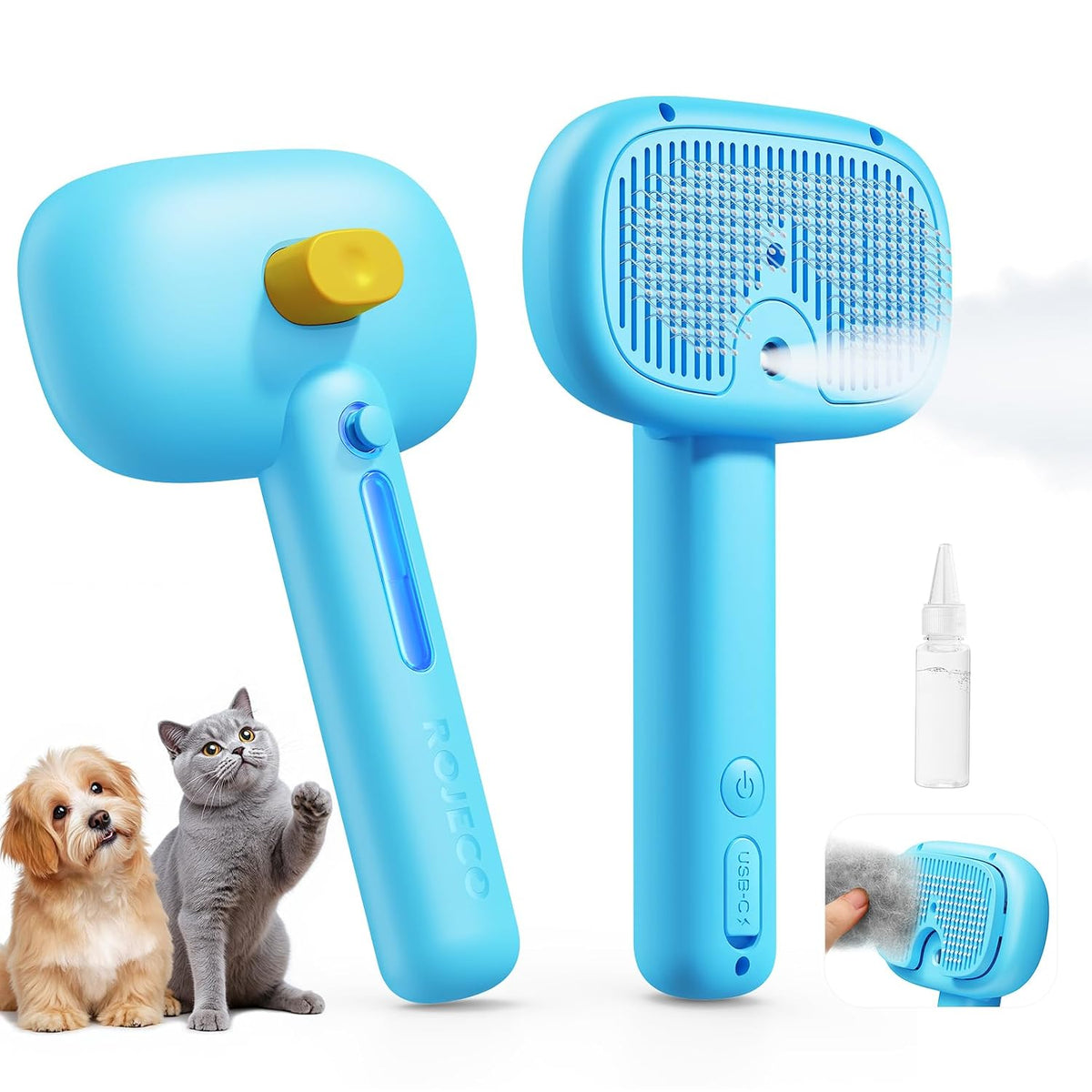 ROJECO 3-in-1 Pet Steam Brush, Spray Hair Removal Detangling Comb