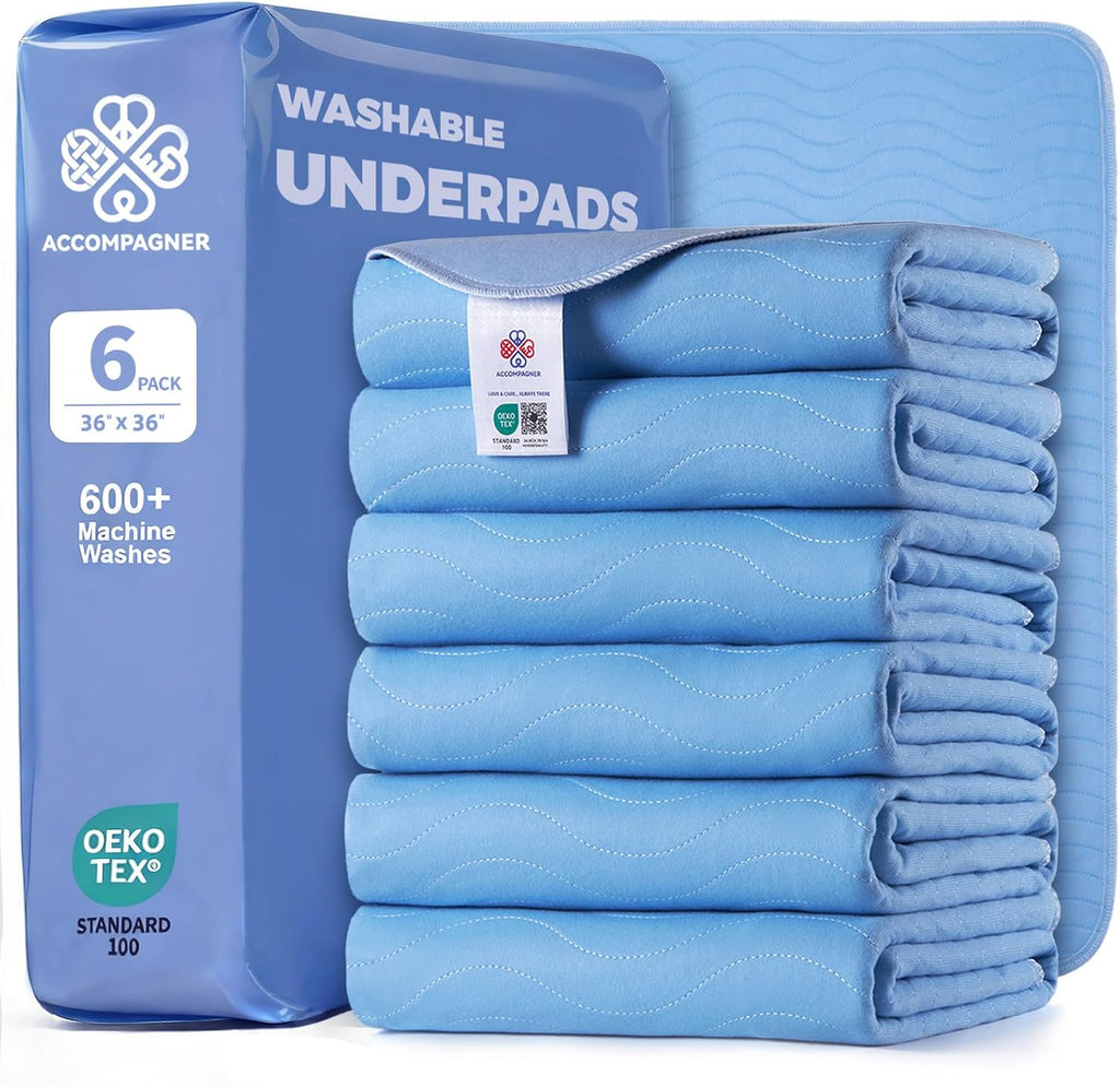 Accompagner Incontinence Bed Pads Washable Waterproof, Ultra-Absorbent Reusable Underpads for Diaper Changing, Nursing, Bedridden, Adults, Seniors, Kids and Dogs (Blue, 36"x36"(Pack of 6))