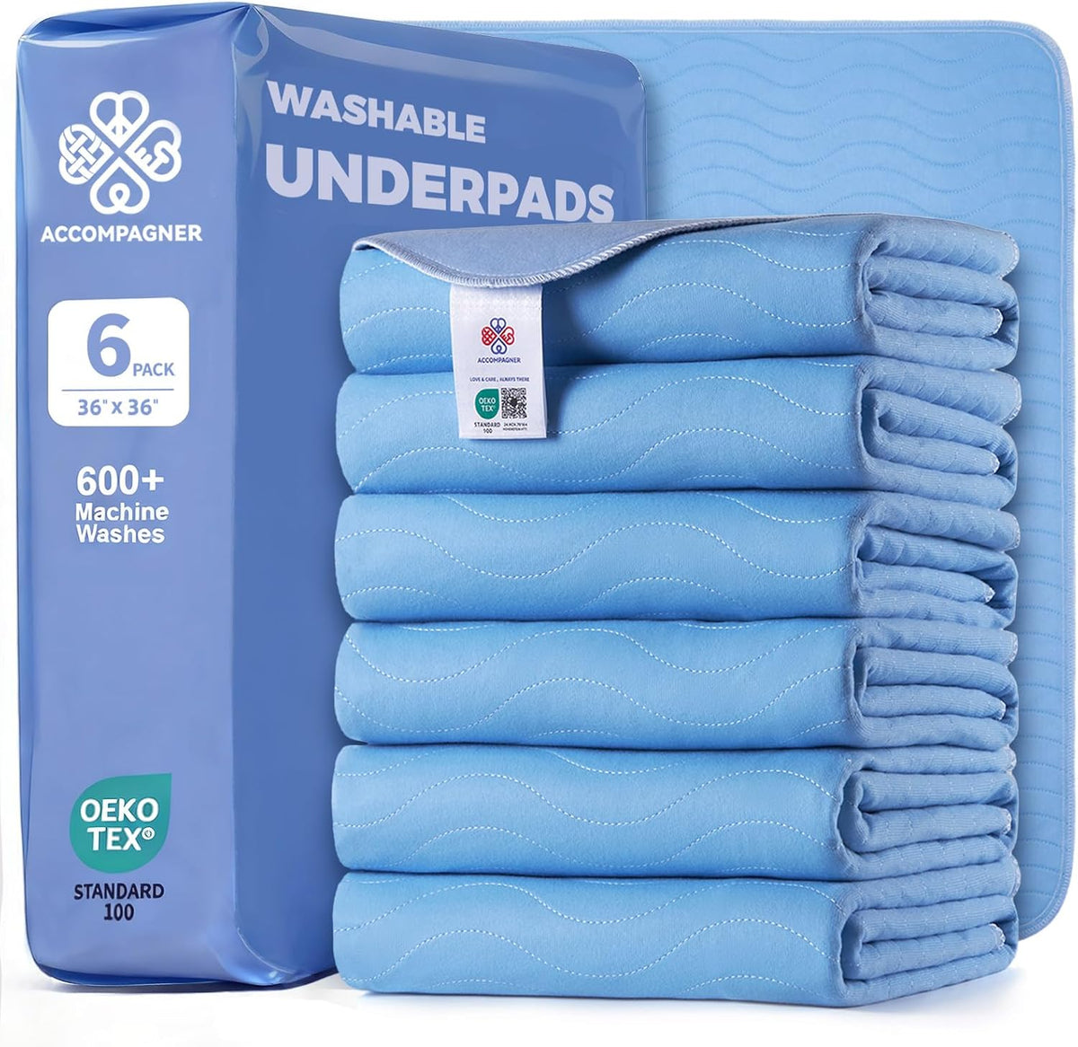 Accompagner Incontinence Bed Pads Washable Waterproof, Ultra-Absorbent Reusable Underpads for Diaper Changing, Nursing, Bedridden, Adults, Seniors, Kids and Dogs (Blue, 36"x36"(Pack of 6))