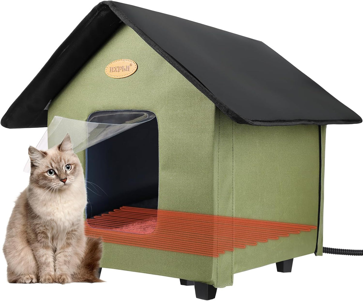 Heated Cat Houses for Outdoor Cats - Elevated Weatherproof Insulated Heated Outdoor Cat House for Winter - Feral Cat Shelter for Outside Cats - Outdoor Heated Cat House (Green)