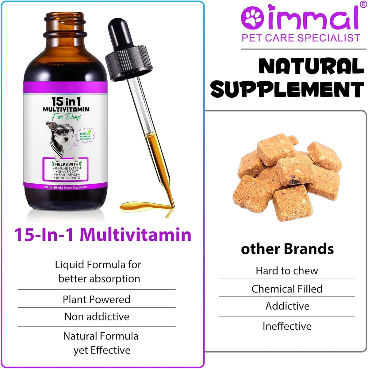 Dog Multivitamin Liquid Drops - 15 in 1 with Glucosamine, MSM & Cranberry, Supports Joint, Skin & Coat, Immune, Heart & Urinary Health, 2 fl oz