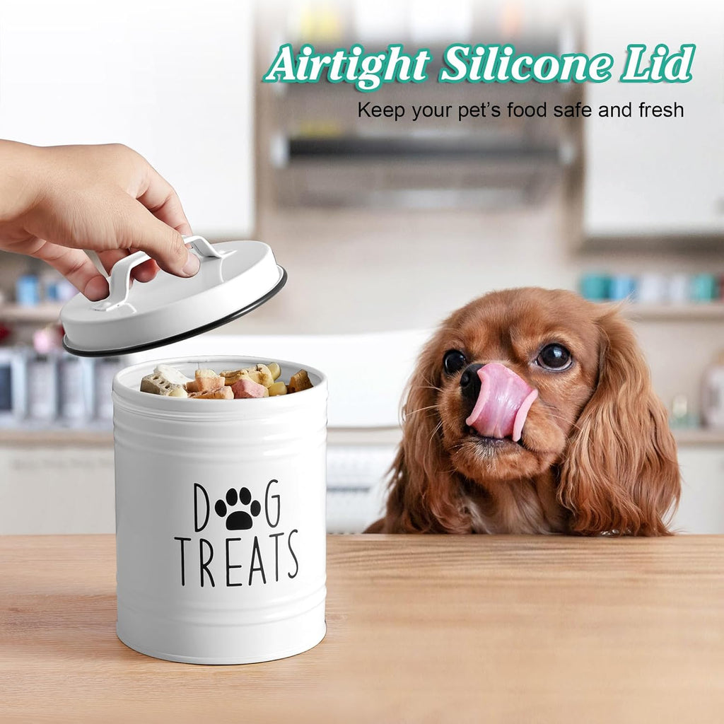 OUTNILI Small Dog Treat Container Airtight - 6" Tall X 4.9" Round White Dog Treat Jar for Kitchen Counter - Rustic Treat Storage Canister for Dogs, Cats, Small Animals - Gifts for Pet Owners