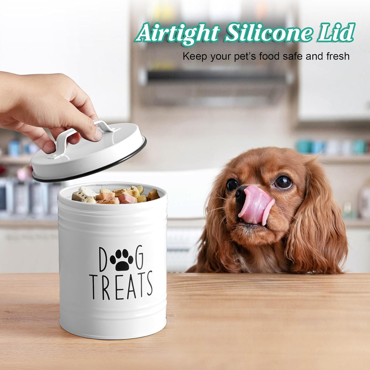 OUTNILI Small Dog Treat Container Airtight - 6" Tall X 4.9" Round White Dog Treat Jar for Kitchen Counter - Rustic Treat Storage Canister for Dogs, Cats, Small Animals - Gifts for Pet Owners
