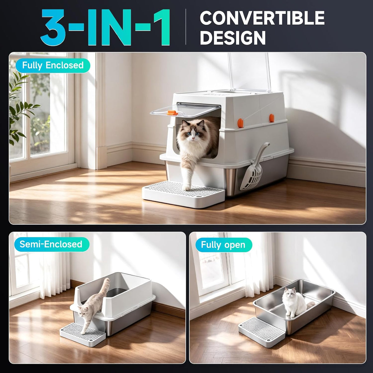 XL Enclosed Stainless Steel Litter Box, Grey