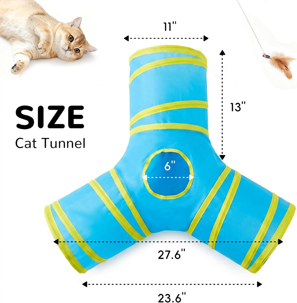 Tempcore Cat Tunnel, 3-Way Collapsible Toy for Indoor Cats, Blue & Yellow | 3-Way Cat Tunnel with Peek Holes, Hanging Ball and Teaser Wand, Collapsible Design for Play, Hiding, Chasing and Exercise
