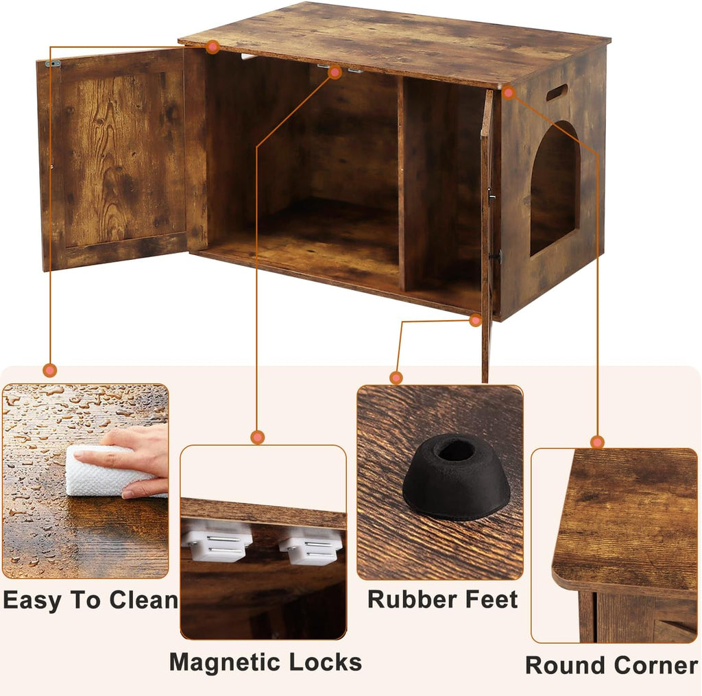 Timberer Cat Litter Box Enclosure, Hidden Litter Box Furniture with Divider | Wooden Cat Washroom Furniture, Indoor Cat House, Dog-Proof, Fits Most of Litter Box, Rustic Brown