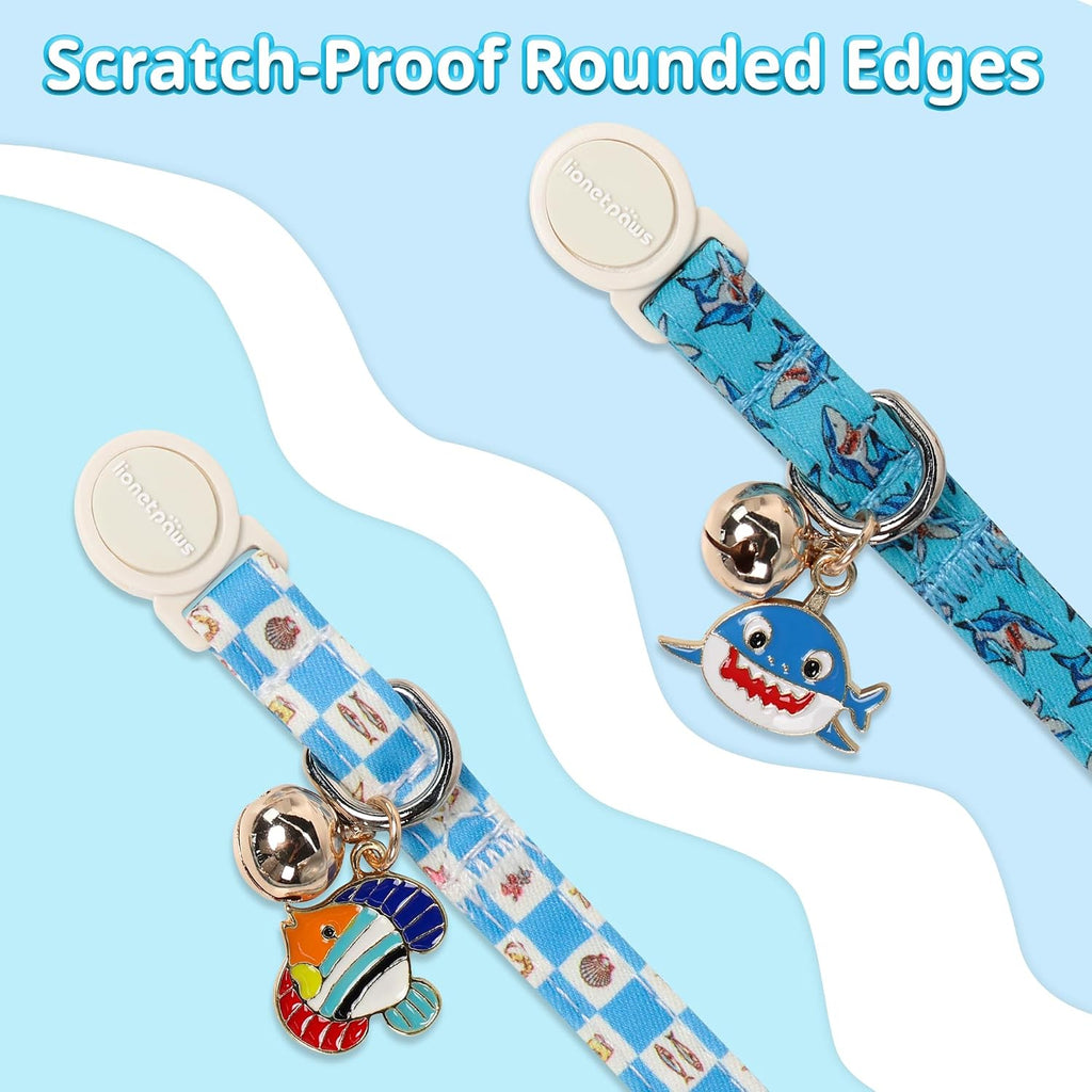 LIONET PAWS 2 Pack Breakaway Summer Cat Collars, Cute Soft Cotton Blue Shark Beach Themed Kitten Collars with Bell for Boy Girl Cats