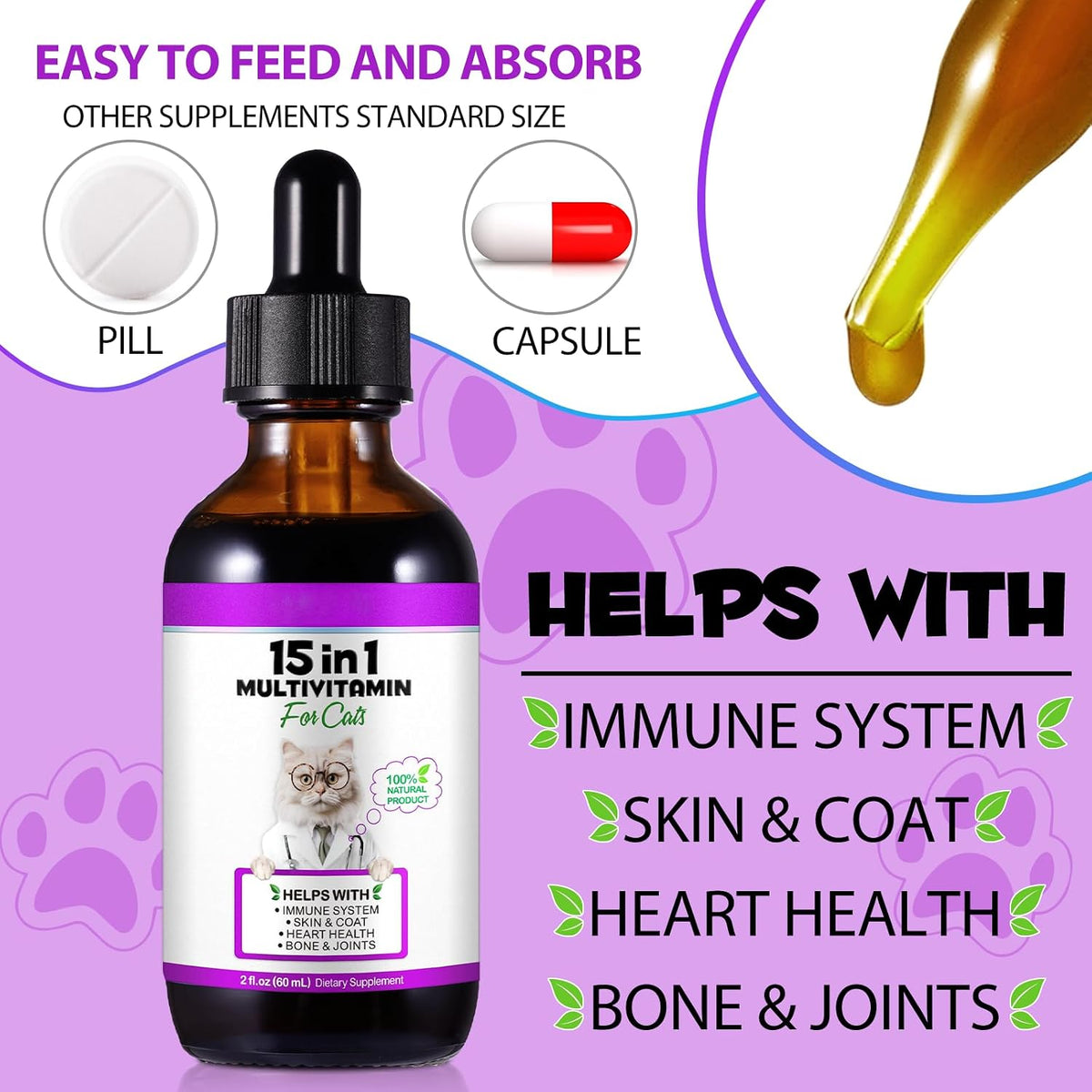 Cat Multivitamin, 15 in 1 Cat Multivitamin Liquid Drops, Cats Vitamins and Supplements with Glucosamine and Probiotics, Bones, Joint, Skin & Coat, Bladder, Immune System Support, 60ML