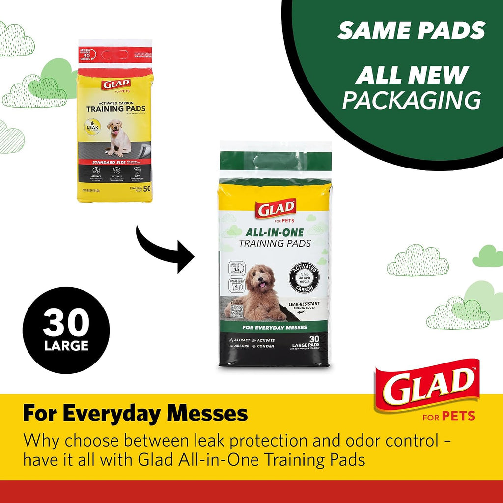 Glad for Pets Activated Carbon Disposable Dog Training Pads, 30 Count, 6-Pk | Activated carbon core, ultra-absorbent, puppies senior dogs and post-surgery recovery, floor and crate protection, 23 x 23 in