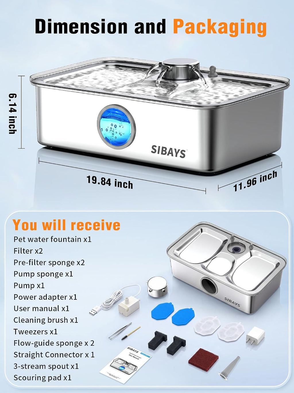 SIBAYS 17L Dog Water Fountain, Stainless Steel Pet Water Fountain FS83
