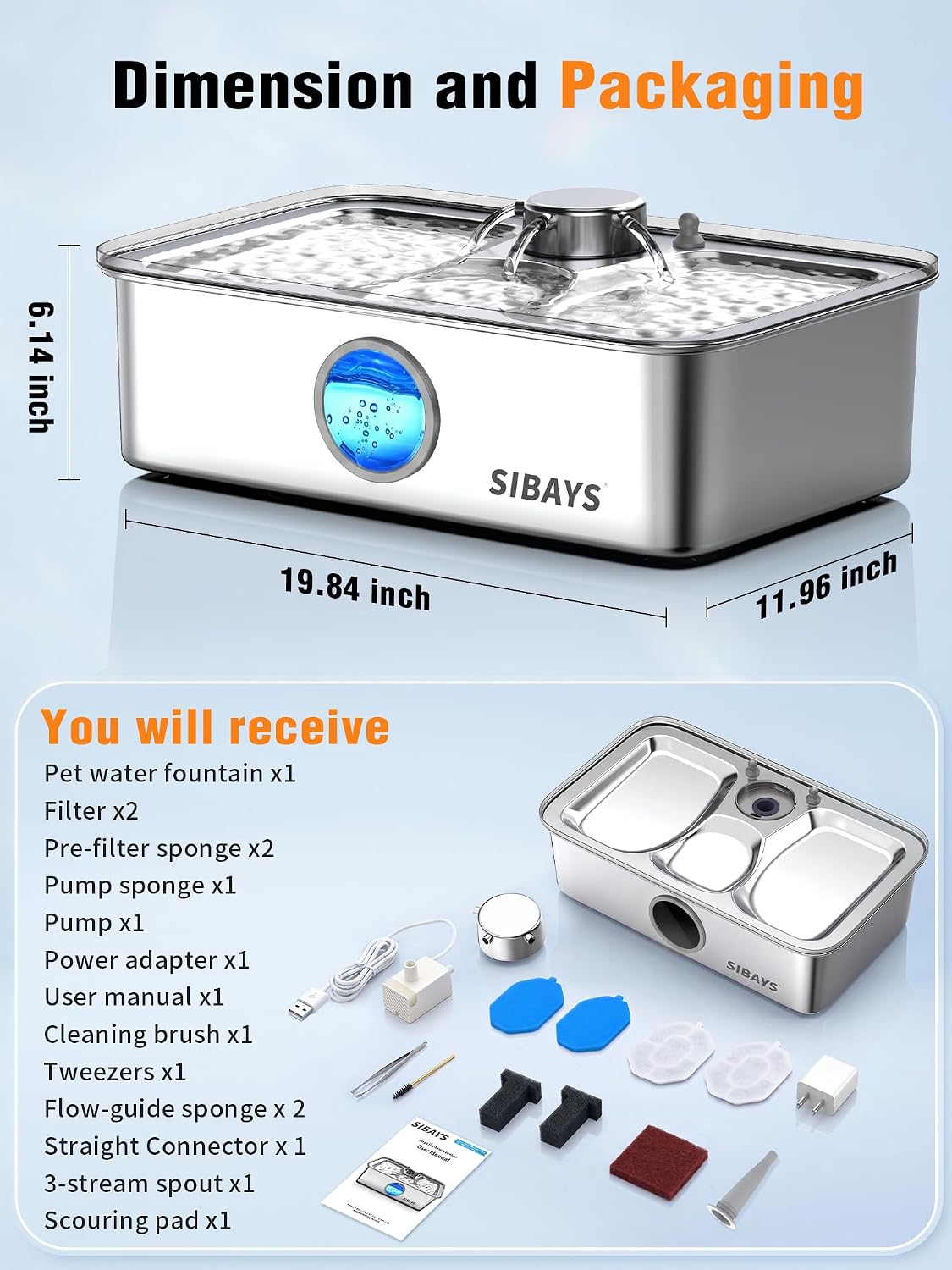 SIBAYS 17L Dog Water Fountain, Stainless Steel Pet Water Fountain FS83