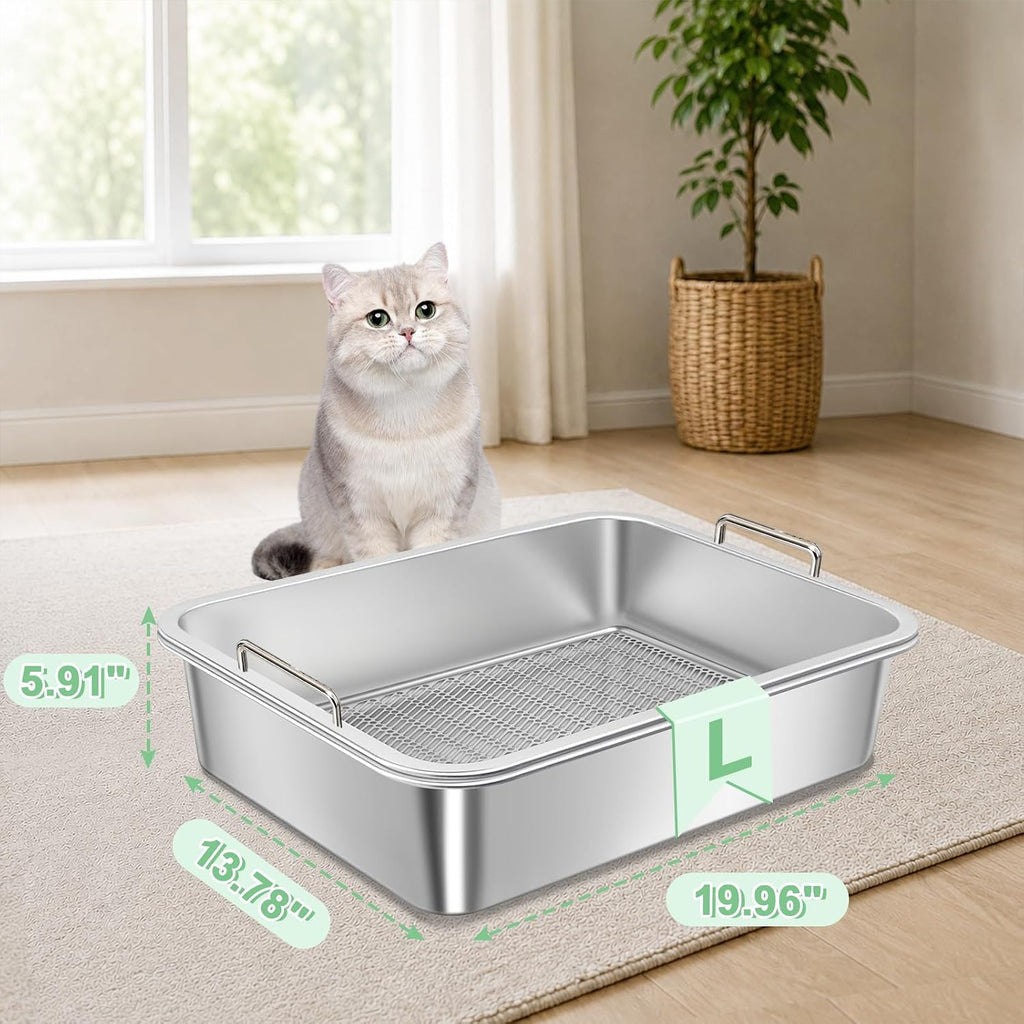 Stainless Steel Sifting Cat Litter Box for Clumping Clay Litter with High-Speed Sifting System, Large Metal Litter Box with 2 Replaceable Bottom Pans, Odor Control，Easy Clean (19.7"x13.7"x5.9")