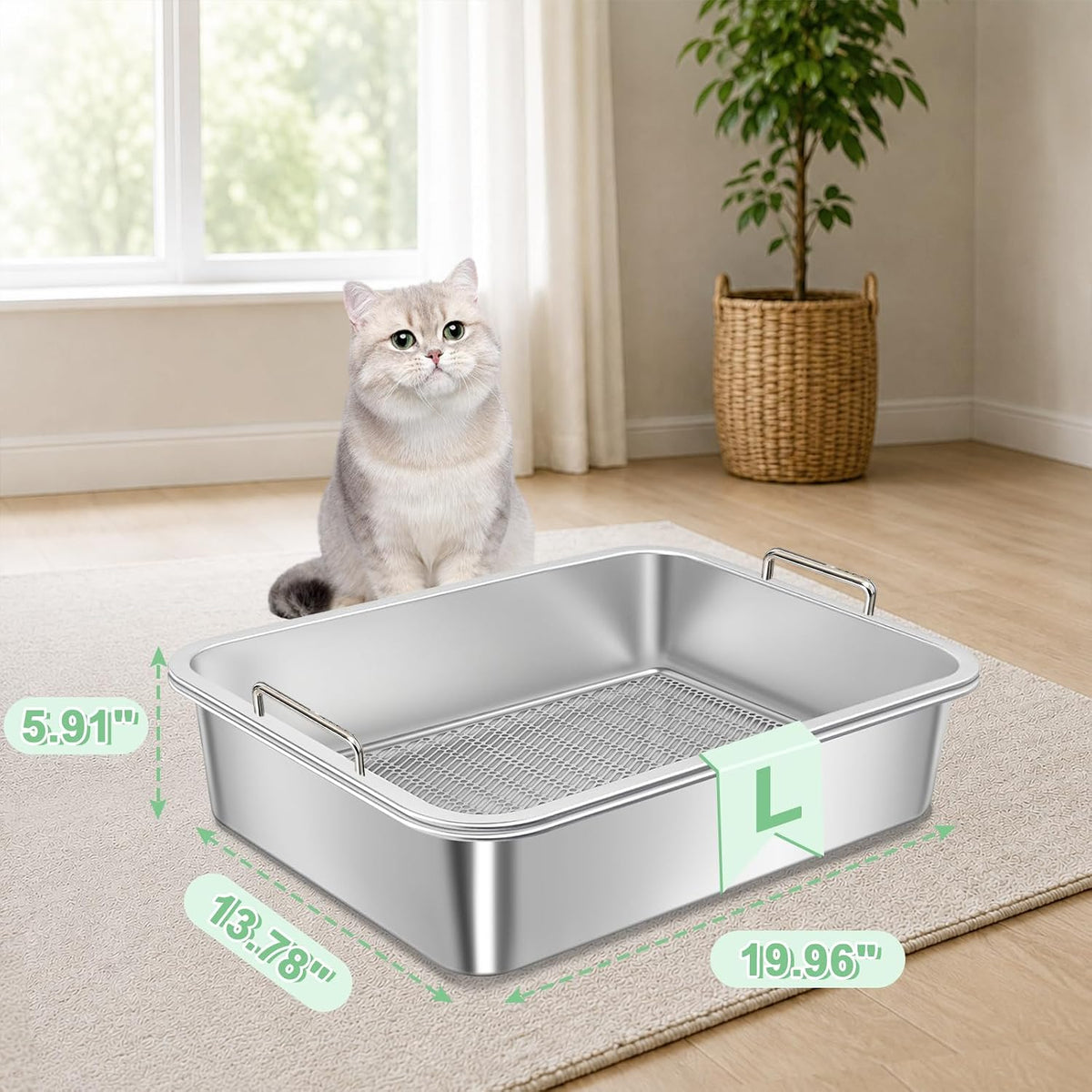 Stainless Steel Sifting Cat Litter Box for Clumping Clay Litter with High-Speed Sifting System, Large Metal Litter Box with 2 Replaceable Bottom Pans, Odor Control，Easy Clean (19.7"x13.7"x5.9")