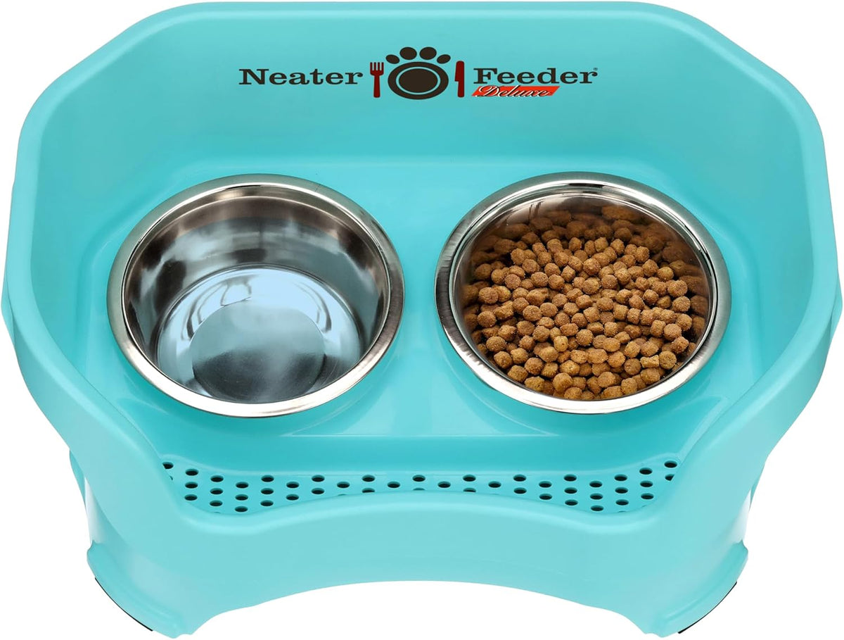 Neater Pet Brands Neater Feeder Deluxe Mess Proof Dog Bowls Elevated for Medium Dogs 19-40 lbs, Made in USA, No Spill Raised Dog Food Bowl Stand Feeding Station, Food and Water Bowl Set, Aquamarine 