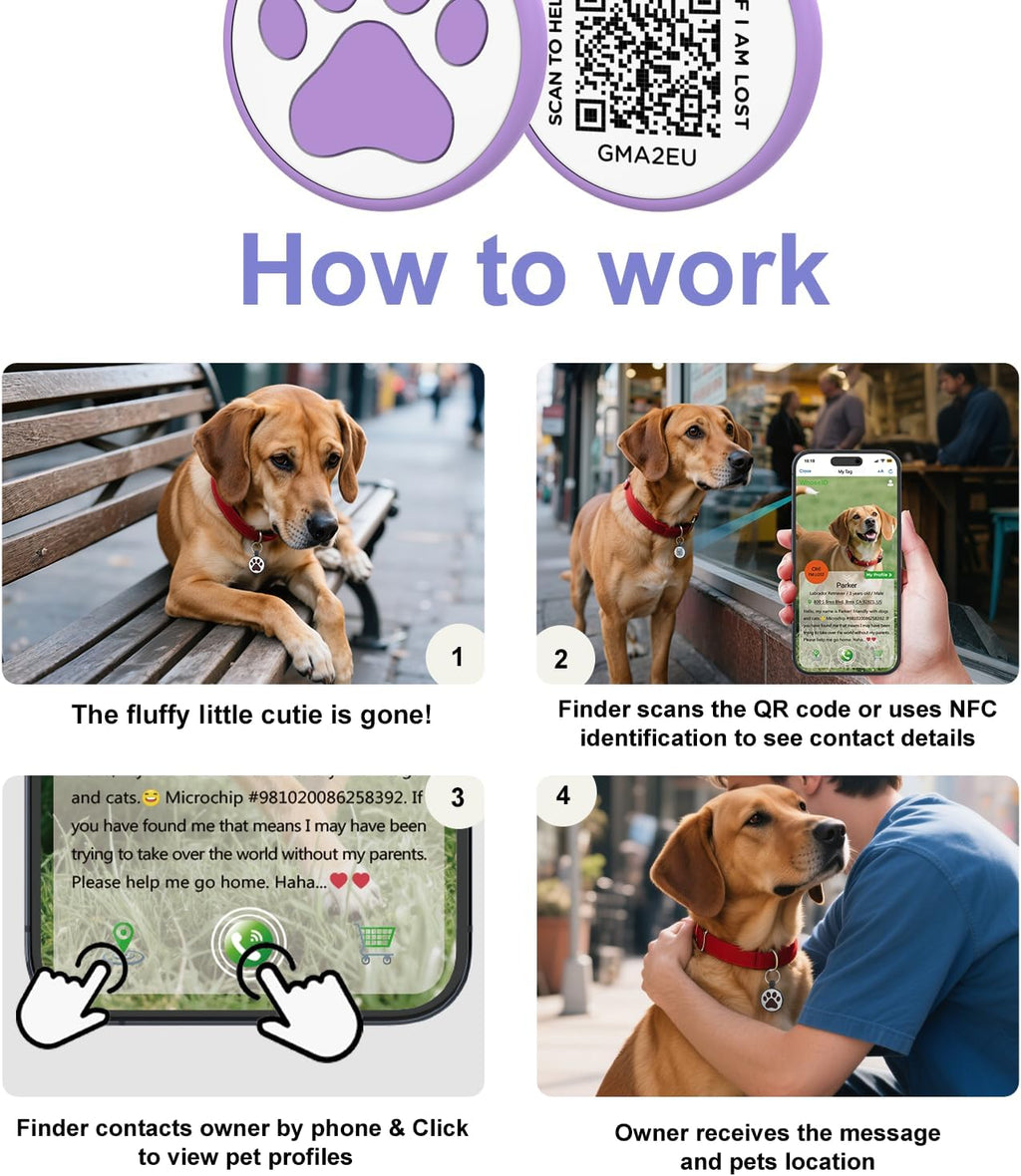 QR Code Cat Tag, Modifiable Online Profile, Multiple Emergency Contact, Silicone Cat Tag, Lightweight, Waterproof, No Jinging, Collar Accessories (Medium to Large Breeds - 1.25", Purple)