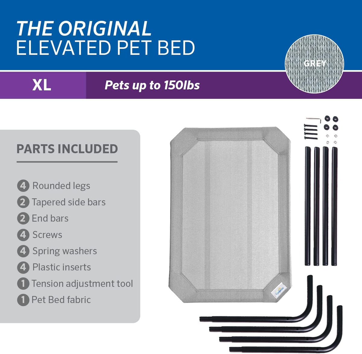 Coolaroo Original Elevated Dog Bed - Breathable Off-The-Ground Pet Bed with Cooling Fabric, Joint Relief & Moisture-Resistant Fabric, 100% Recyclable, Easy Clean, Gray, Extra Large
