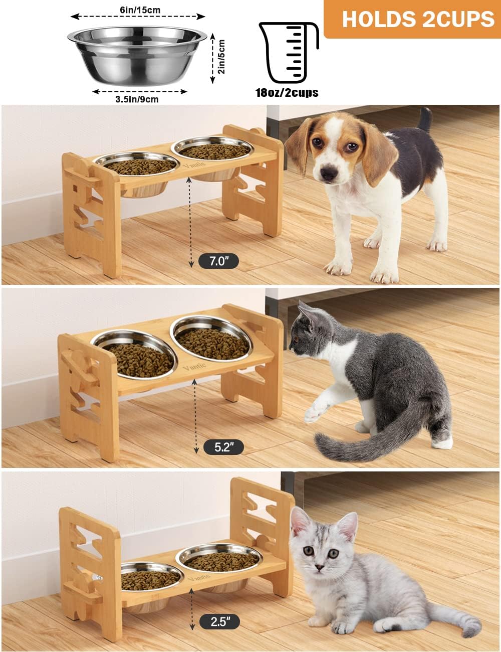 Elevated Dog Bowls, Raised Dog Bowl Stand Adjustable Small, Natural | Bamboo Elevated Feeder with 2 Stainless Steel Bowls, Adjustable Height Stand for Small Puppies and Cats 