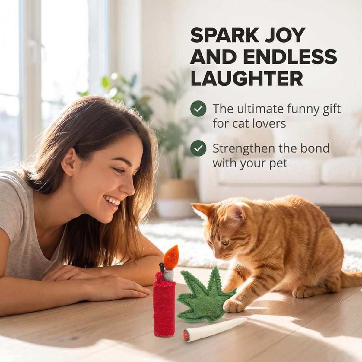Glaciart One Catnip Joint, Leaf and Lighter Cat Toy Set, 3 Pack Handmade Wool Felt Funny Catnip Toys for Indoor Cats & Kittens, Novelty Gift for Cat Lovers