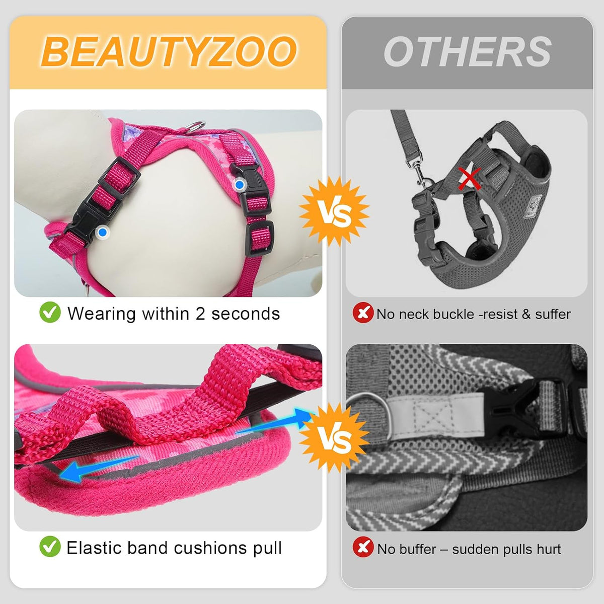 BEAUTYZOO Cat Harness and Leash,Escape Proof Easy-On Vest w/Neck Buckle, M