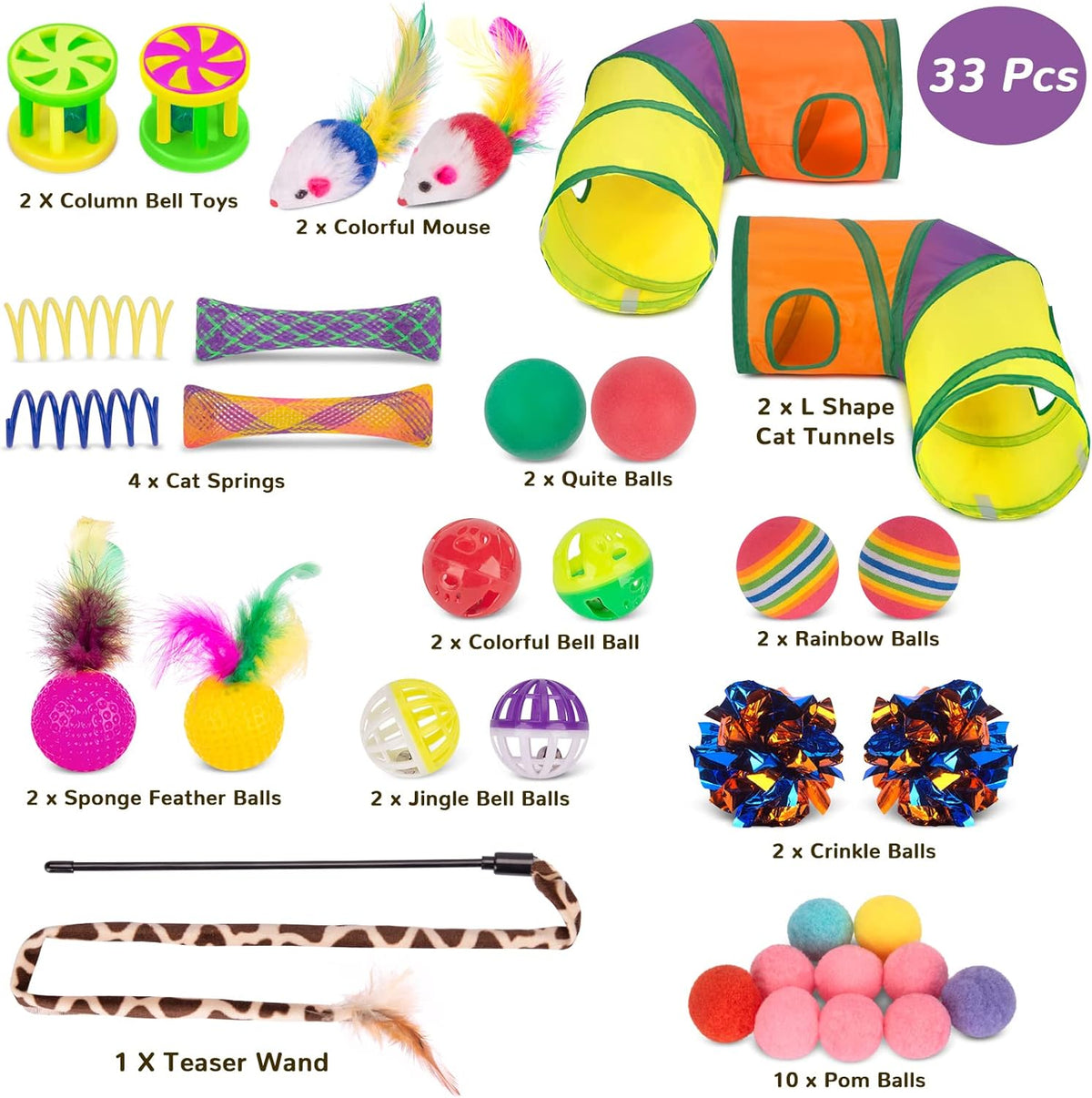 Retro Shaw 33Pcs Cat Toys for Indoor Cats, 2 Way Cat Game Tunnels