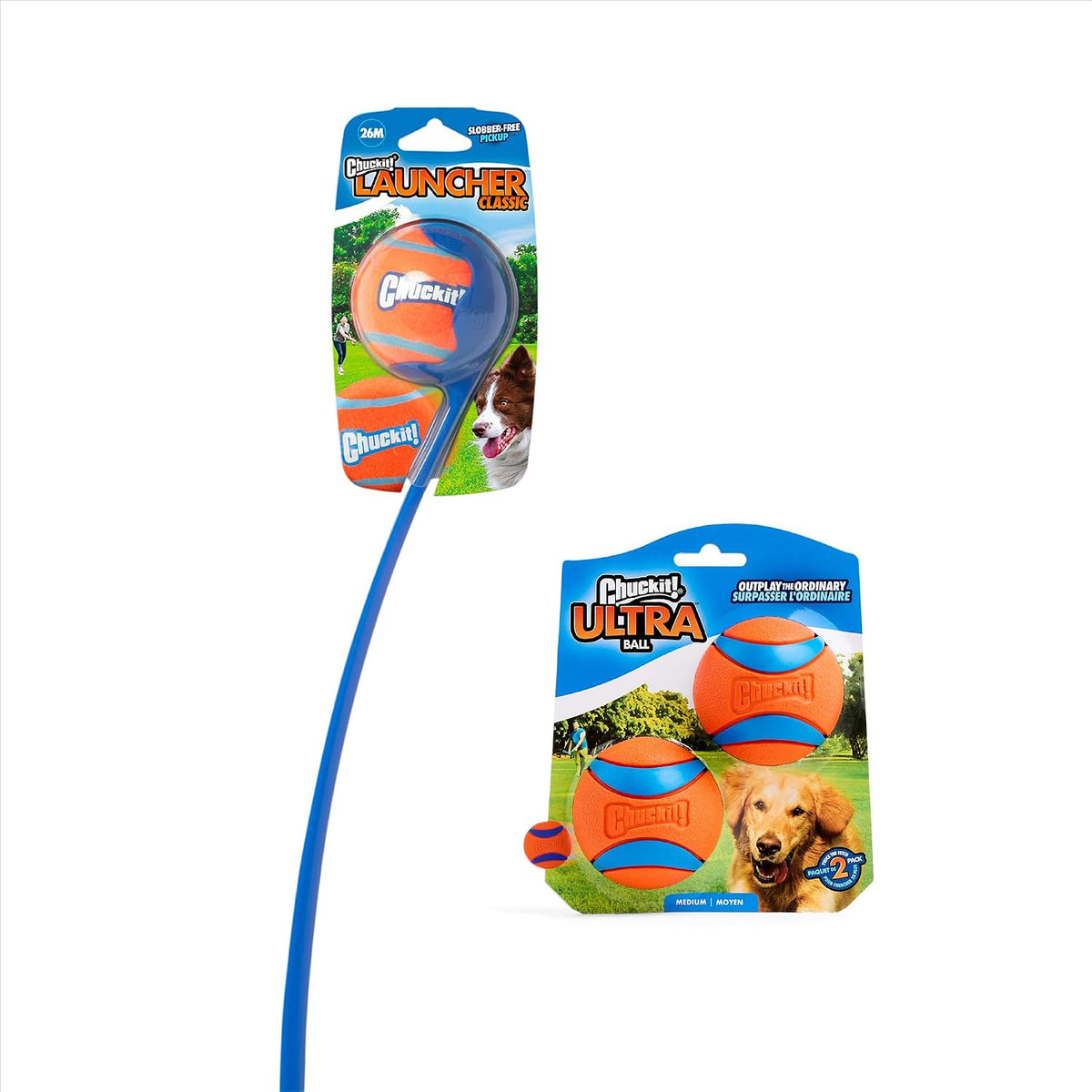 Chuckit! Ultra Ball and Launcher Bundle, Classic 26M with 2 Medium Balls | Bundle Includes a 26 In Launcher and 2 Bouncy Medium 2.5 in Fetch Balls Built for Dogs 20-60 lbs, Perfect for Active Play