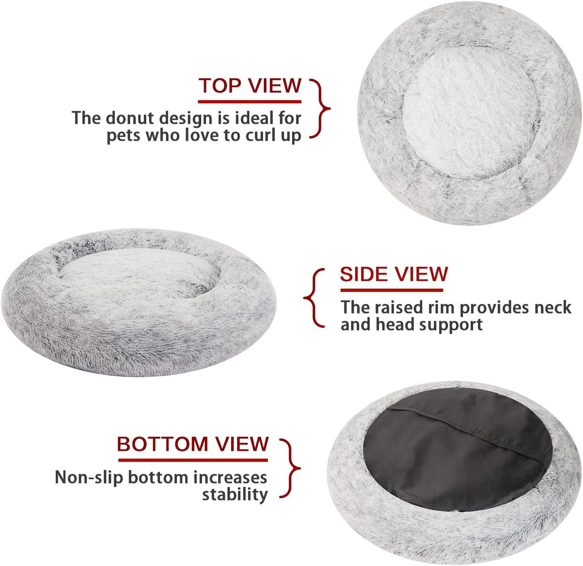 Bedfolks Calming Fluffy Donut Dog Bed for Small Dogs,Dark Grey, 23" Round