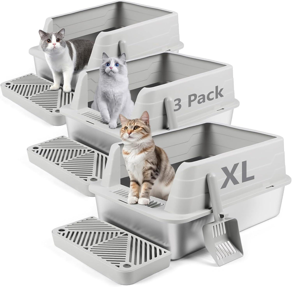 3 Pack Stainless Steel Litter Box, XL 22.9” x 15” x 10.3” High Sided Metal Cat Litter Tray with Scoop, Filter Pedal for Anti-Splash, Non-Sticky, Easy to Clean (Light Grey)