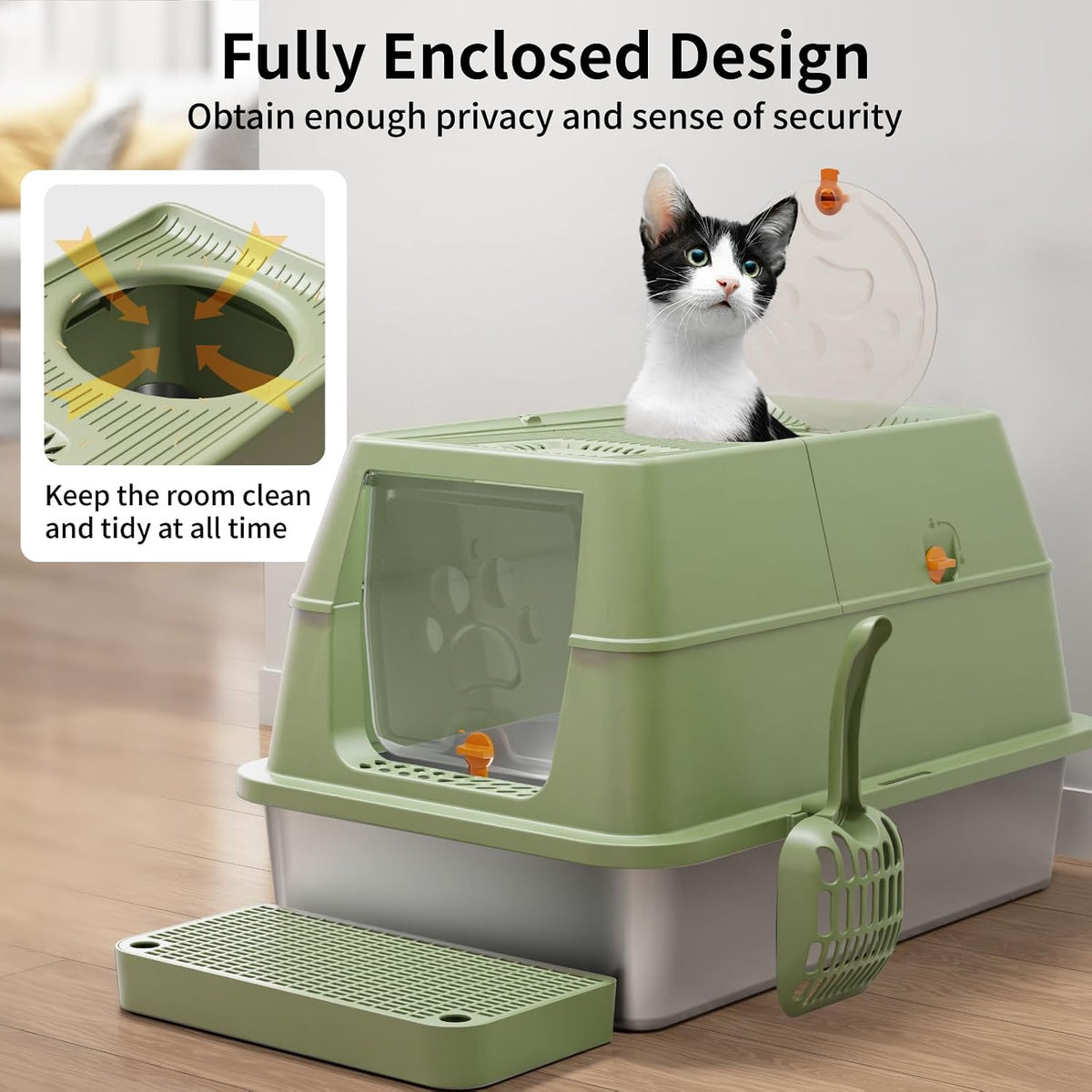 Stainless Steel Cat Litter Box with Lid, Flip-Top XL Large, Green
