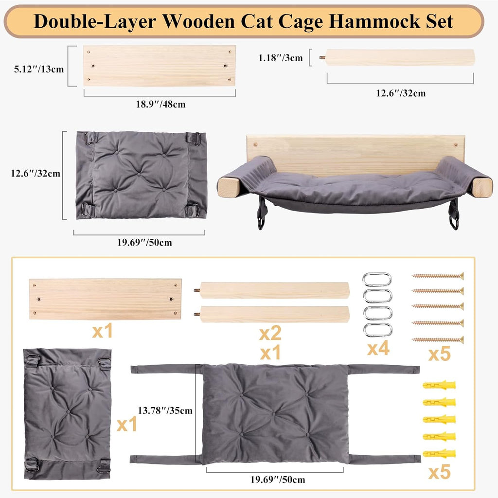JSPYFITS Wooden Cat Furniture Wall Mounted, Double Layer Hammock, Large Size 18.9″ Removable Multi-Function Cat Bed for Sleep/Play/Climb, Kitten Window Perch, Easy DIY Installation(Grey)