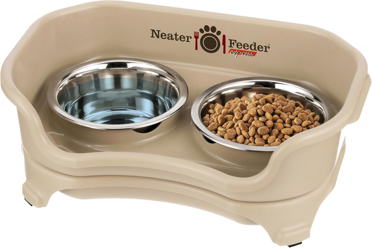 Neater Feeder Express Mess Proof Cat Bowls Elevated, No Spill Feeding Station, Stainless Steel Dishes for Food and Water, Raised Bowls for Indoor Cats, No Fatigue Whisker Friendly Dish, Almond 
