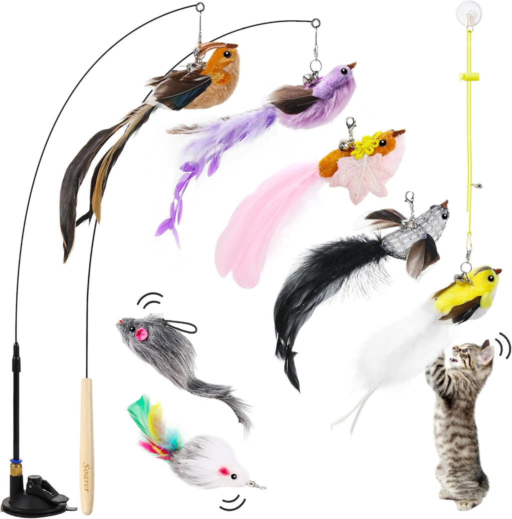 Soarer 3in1 Flying Bird Cat Wand Toys with Suction Cup for Indoor Cat,7Pcs