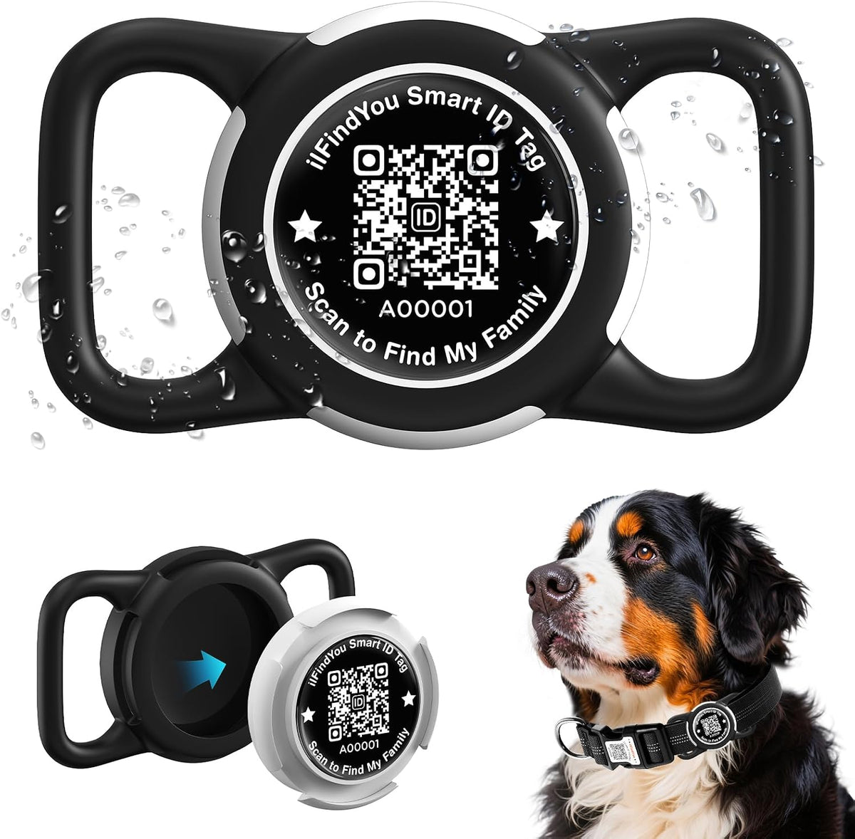 Waterproof AirTag Dog Collar Holder for Apple Tracker QR Code Case Black