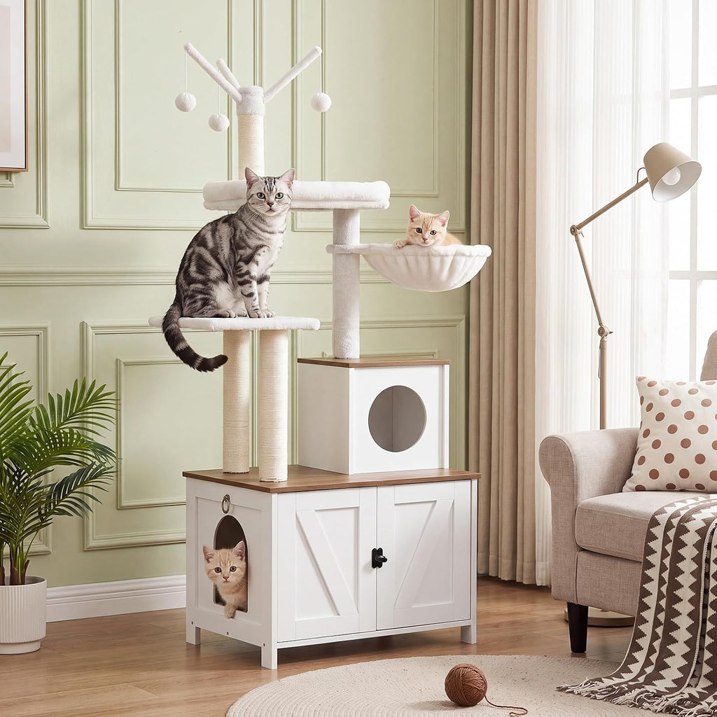 HOOBRO Cat Tree with Litter Box Enclosure for Indoor, 59 Inch Modern Cat Tower with Scratching Posts, Wooden Cat Condo, Hidden Litter Box Furniture, All-in-One Cat House, White and Walnut WH15MZ03