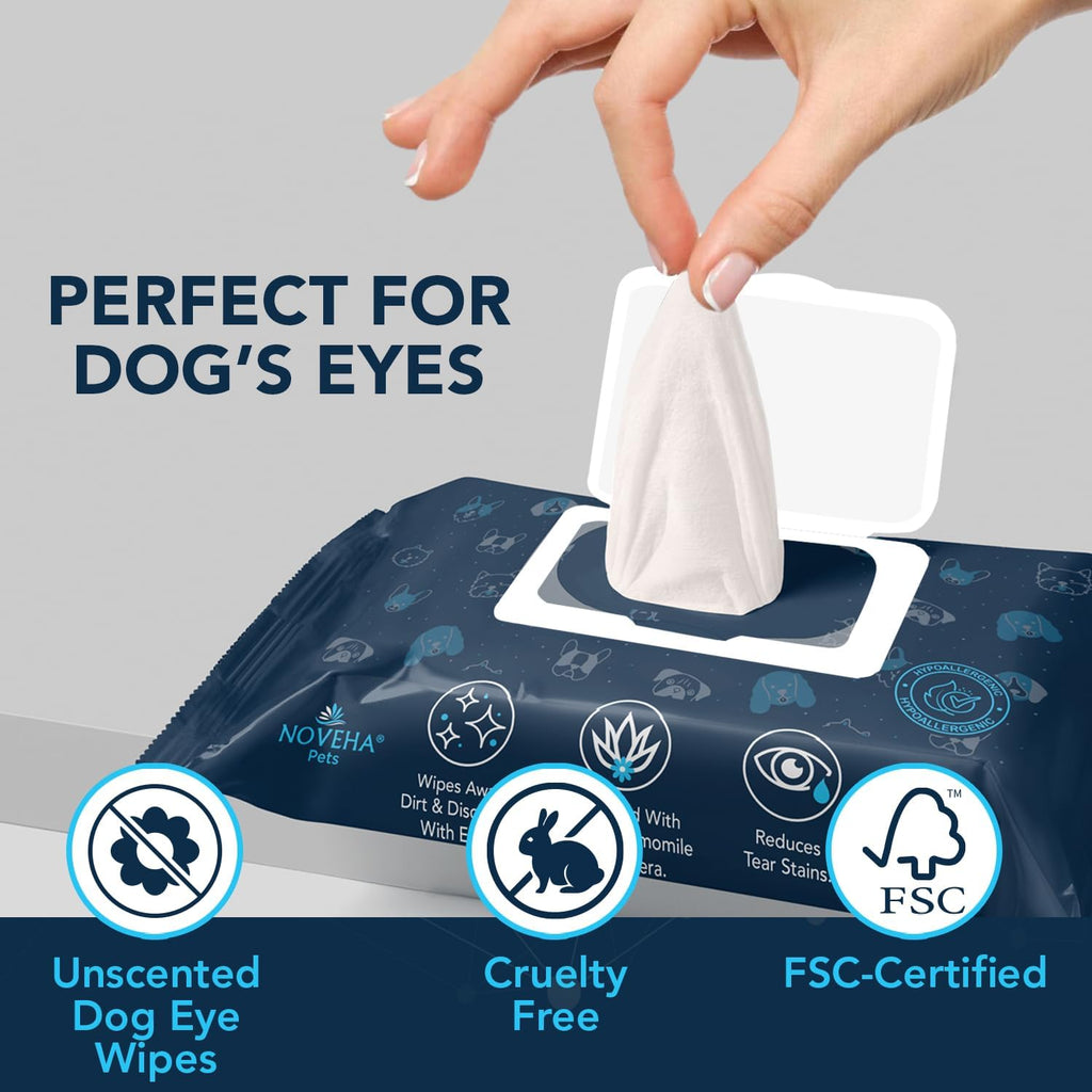 NOVEHA 100PCs Dog Eye Wipes - Tear Stain Remover for Dogs - Formulated with Chamomile and Aloe to Remove Eye Debris, Tear Stains & Eye Discharge - Plant Based, Safe, and Large 5"x5" Unscented Wipes