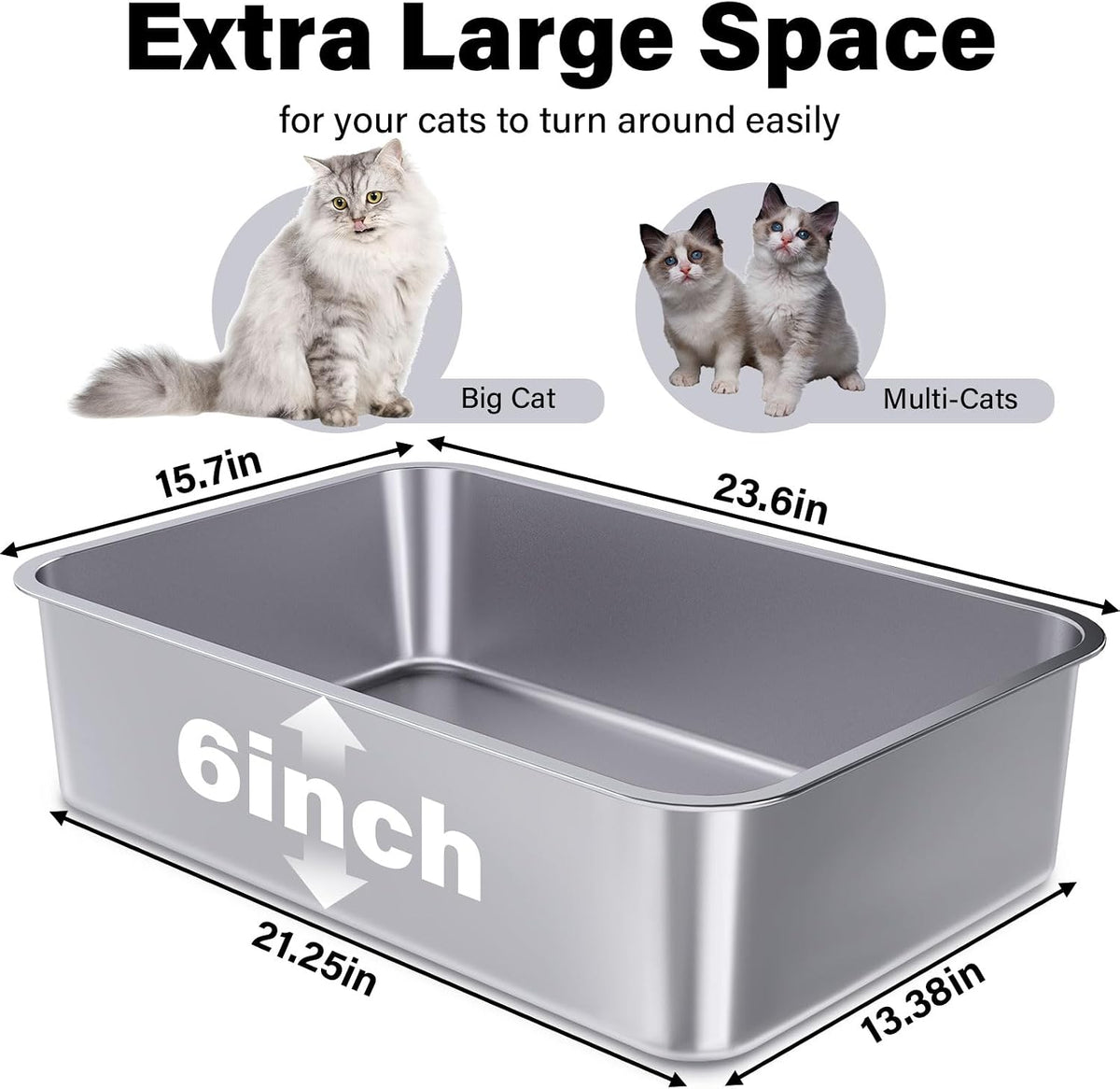 Stainless Steel Litter Box XL, Metal Litter Box 2 Pack | 23.6“x15.7"x6" Steel Cat Litter Box for Big Cats, with High Sides, Non Stick Surface, Easy to Clean