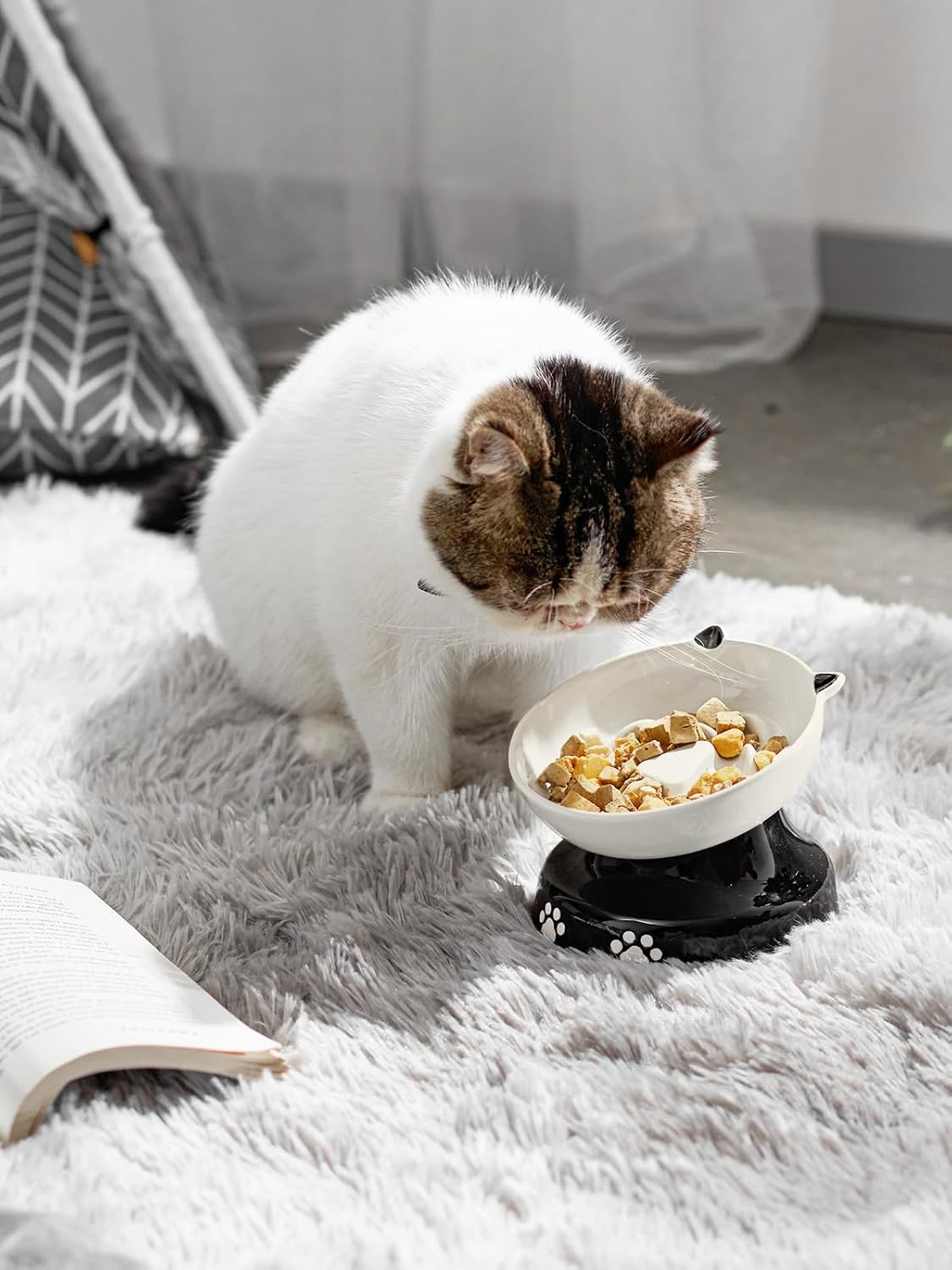Y YHY Ceramic Cat Slow Feeder, Elevated Dog Food Bowl Tilted Design, Slow Feeder Bowl no Black Chin, Cat Shape for Dry and Wet Food 