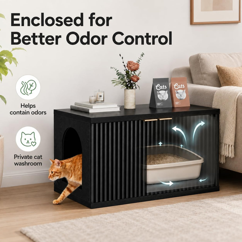 Homhedy Cat Litter Box Enclosure,Modern Fluted Accent,Black