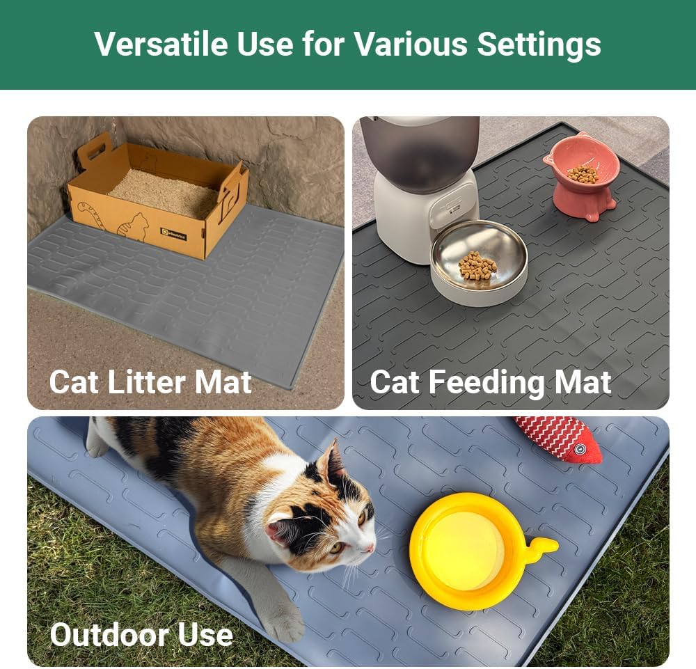 Cat Litter Mat, Large 32'' x 24'' Silicone Litter Box Mat for Litter Trapping, Waterproof, Non-Slip, Easy to Clean, Grey
