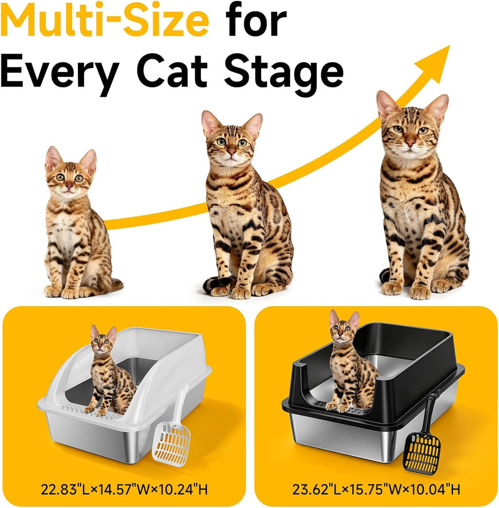 XL Open Top Stainless Steel Litter Box with High Sides,Light Gray | Extra Large Metal Cat Litter Pan , XL Litter Box, Non-Stick Easy Clean Anti-Leak Kitty Litter Pan, Odor Control, Open Top