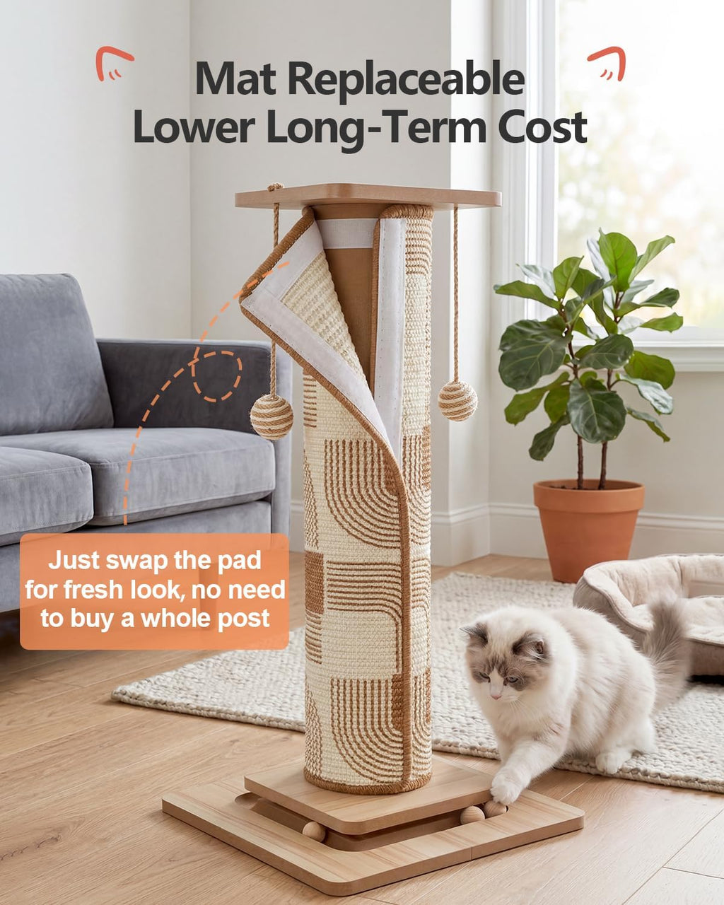 Odoland 31" Tall Large Cat Scratching Post with Replaceable Scratcher Pad