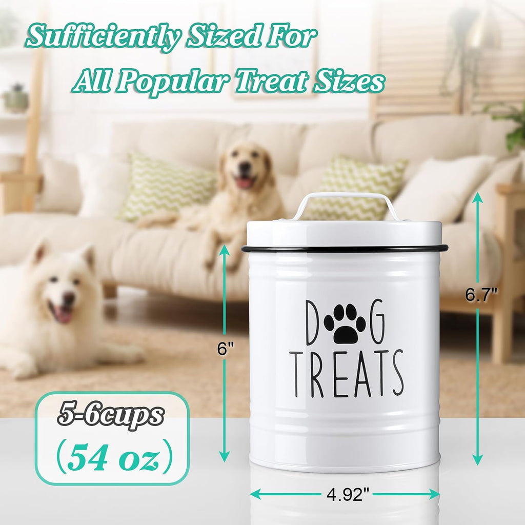 OUTNILI Small Dog Treat Container Airtight - 6" Tall X 4.9" Round White Dog Treat Jar for Kitchen Counter - Rustic Treat Storage Canister for Dogs, Cats, Small Animals - Gifts for Pet Owners