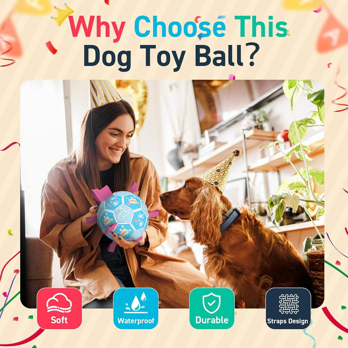 QDAN Dog Birthday Toys, Puppy Birthday Gifts, Dog Soccer Ball with Straps | 8 Inch Outdoor Herding Balls for 30-90 lbs Dogs, Interactive Training Soccer Toy for Tug of War, Dog Ball to Keep Them Busy