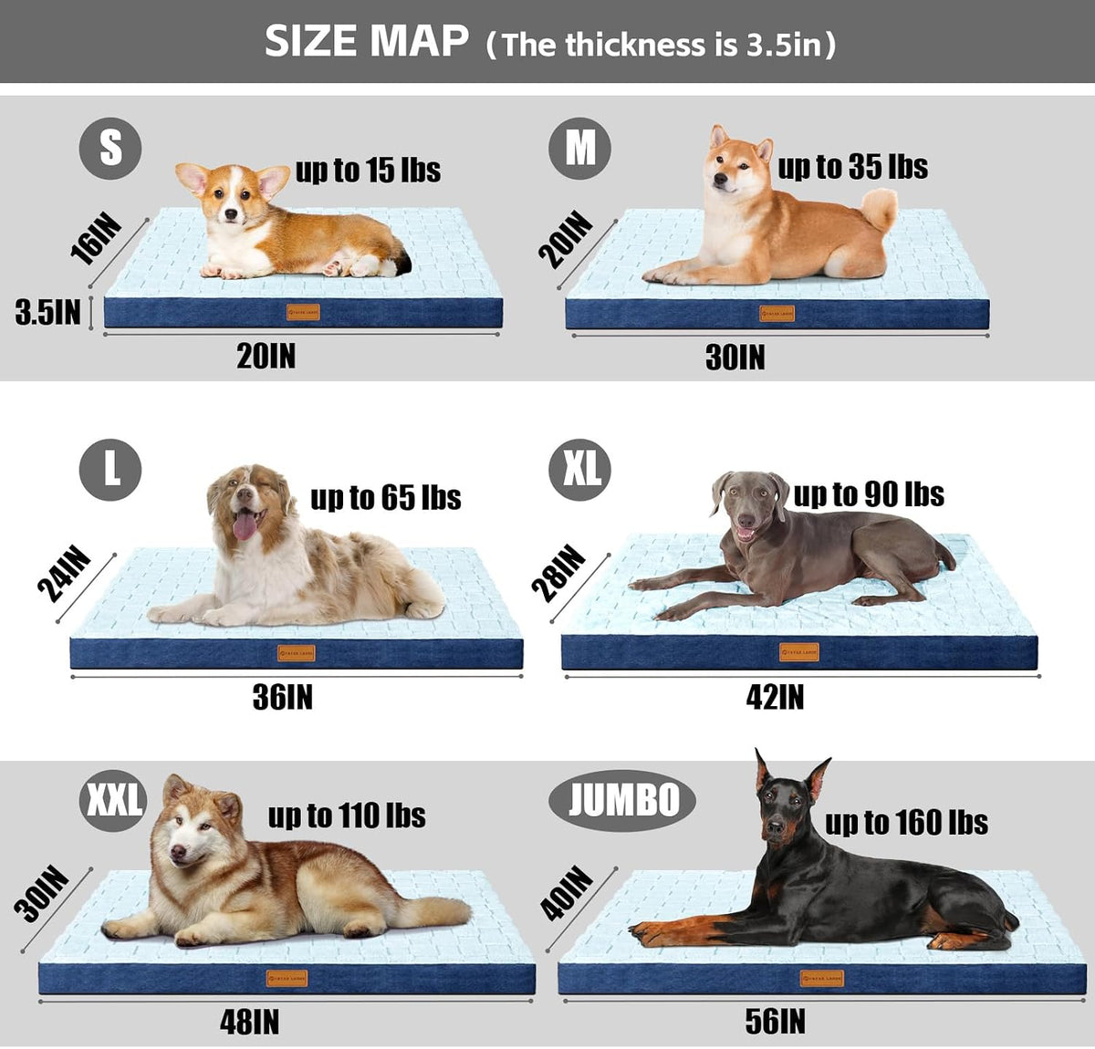 Patas Lague Orthopedic Large Dog Bed Washable Pet Crate Mat 42''X28'' Blue