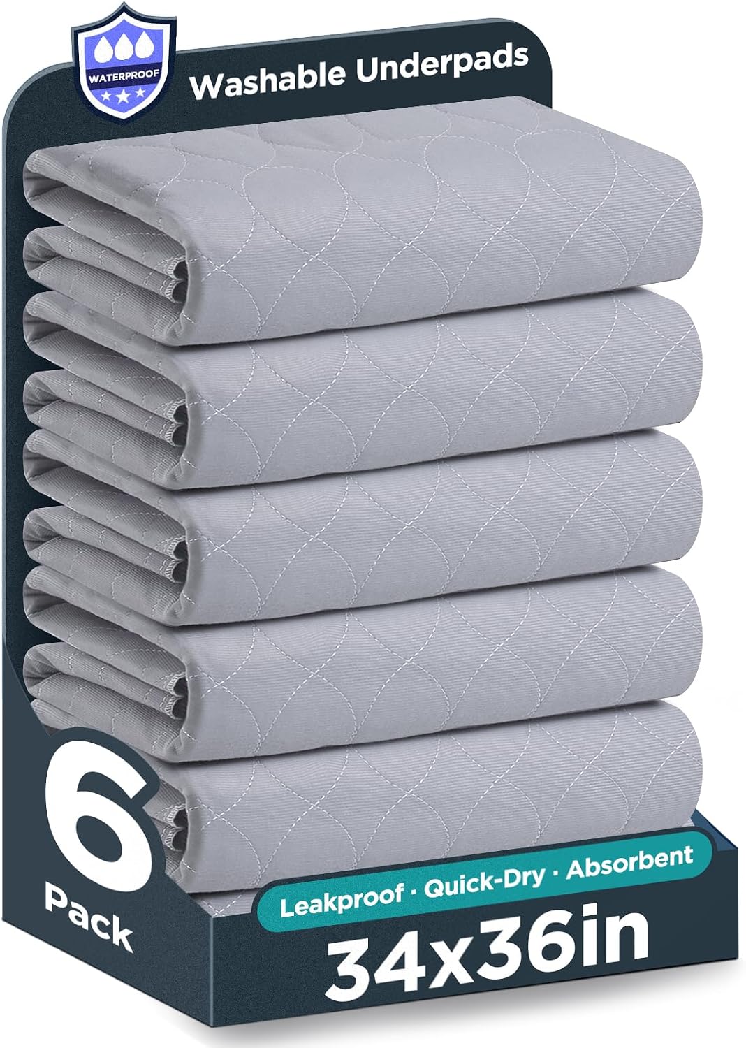 Washable Bed Pads 34" x 36" - 6 Pack, Grey, Waterproof Bed Pads for Incontinence, Bed Wetting Pads for Bed, Sofa, Floor, Resuable Underpads for Adults, Seniors, Pet
